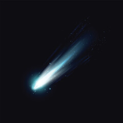 Falling asteroid or comet with fire and dust tail, sparkles. Realistic 3D vector illustration of cosmic shooting meteorite in atmosphere. Burning star or fireball in space with blue light trail © sabelskaya