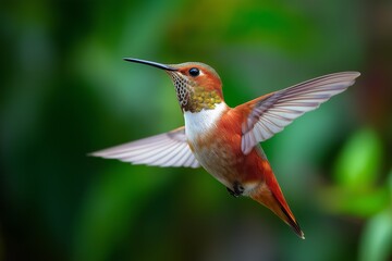 Fototapeta premium Hummingbird Hovering with Vibrant Feathers in the Air
