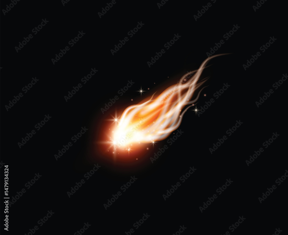 Canvas Prints falling asteroid or comet with fire tail. realistic 3d vector high speed flying meteor in space with