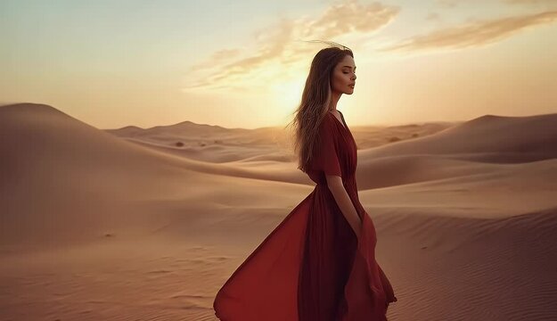 Serene woman in flowing red dress walks across vast, golden sand dunes at sunset
