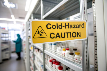 A yellow "Cold-Hazard CAUTION" sign is displayed in a laboratory storage area with shelves of bottles and a person in protective clothing in the background.