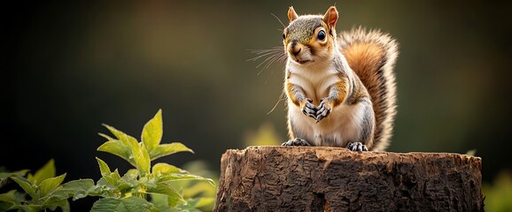 Obraz premium Squirrel on stump, looking curious. Green leaves frame. Bokeh background