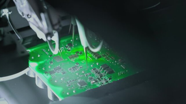 Close-up: installing electronic components. Printed circuit board moves with SMD, PCB. Automatic welding, solder machine. Production Devices. Diagnose test chips and processors. Manufacture or factory