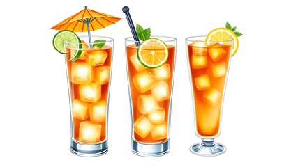 Delicious refreshing iced tea drinks with lime orange mint and decorative umbrella illustration