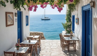 Obraz premium Coastal cafe with ocean view. Charming outdoor seating area overlooking the sea