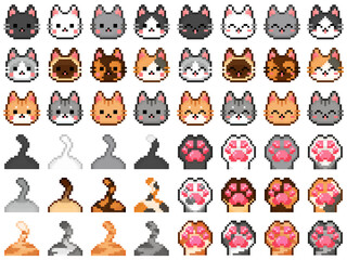 Cat face pixel art icon set. Various colors kitty logo collection in retro 8-bit game style. Cute pixel kitten design for stickers, icons, poster