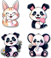 Fototapeta premium Cute Animal Icons Set – Playful Cat, Dog, Bunny, Panda, Elephant – Pastel Cartoon Stickers