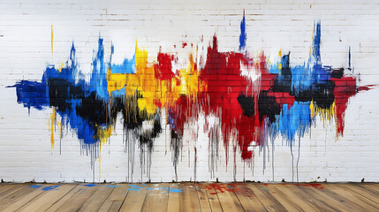 Vibrant abstract mural with drips of red, blue, yellow, and black paint on a white brick wall