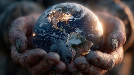 Obraz premium Earth rests gently in the hands of a person, symbolizing our responsibility to protect and nurture the planet for future generations