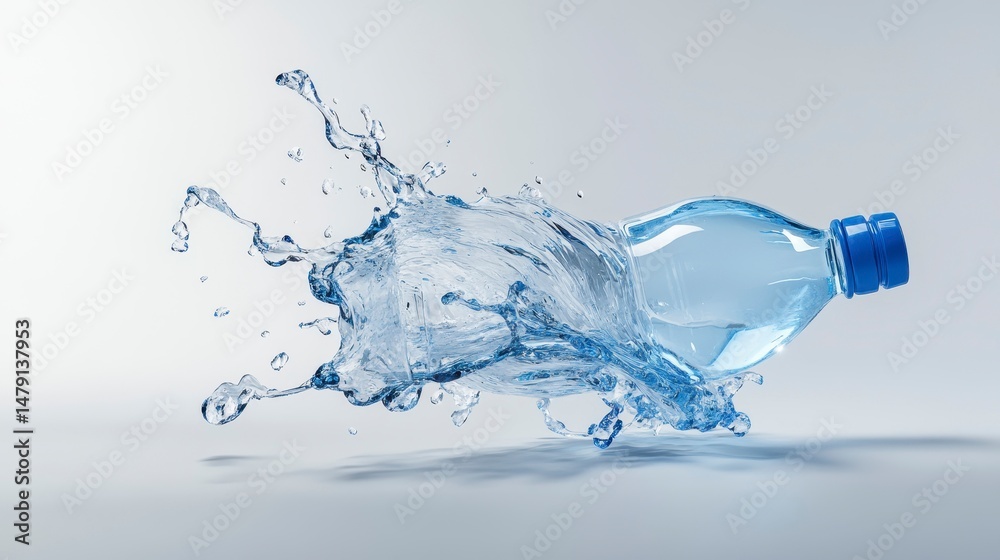 Poster water bottle with splashing liquid, dynamic motion.