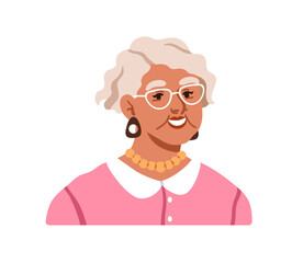 Old woman smiling. Elegant senior elderly aged lady with gray hair, eyeglasses, accessories, looking friendly. Happy retired female, face avatar. Flat vector illustration isolated on white background