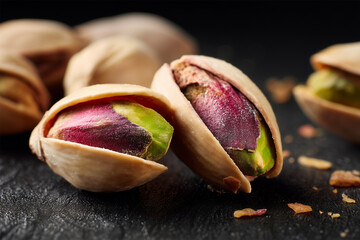 pistachio on the black wood table. Advertising photography close up shot.
