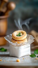 Stacked pastries, steaming, with mint garnish. On parchment, in box