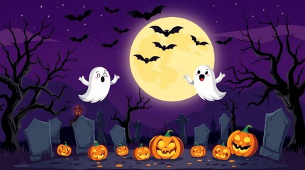 Spooky Halloween Night Cartoon Scene with Ghosts, Pumpkins, and Bats - AI Generated