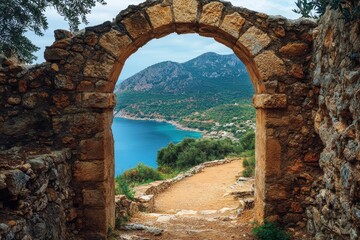 Historic Assos castle ruins offer breathtaking views in Kefalonia Greece, Historic ruins of Assos castle in Kefalonia Greece Arched doorway