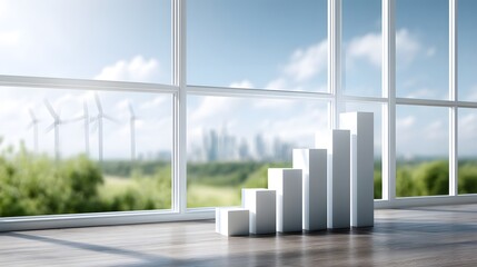 Fototapeta premium Modern office space showcasing a growth chart beside large windows with wind turbines and city skyline in background.