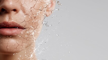 Conceptual image of facial hydration recovery with cracked dry skin transforming into fresh, moisturized texture. Beauty skincare, dermatology, anti-aging, and moisture balance concept.