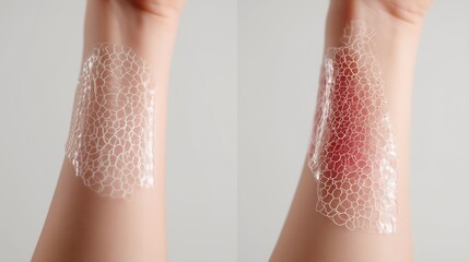 Artificial skin graft on human arm showing before and after healing stages, illustrating advanced biomedical technology in tissue regeneration and wound recovery treatment.