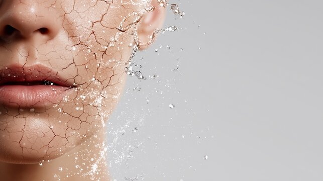 Conceptual image of facial hydration recovery with cracked dry skin transforming into fresh, moisturized texture. Beauty skincare, dermatology, anti-aging, and moisture balance concept.