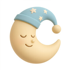 Dreamy Lunar Slumber: A serene, cartoonish moon, adorned with a charming nightcap, gently embraces the tranquility of sleep, as it symbolizes the peace and serenity of nighttime.