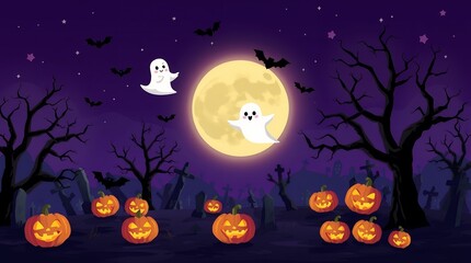 Fototapeta premium Spooky Halloween Night Cartoon Scene with Ghosts, Pumpkins, and Bats - AI Generated