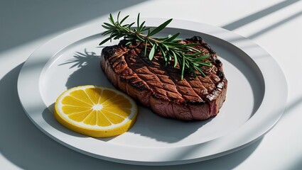 Grilled steak with herbs and lemon garnish on a plate