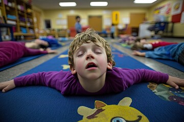 Young child rests during a yoga class.