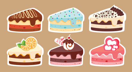 Birthday cake stickers slice clipart set. Piece of cake sweet dessert clip art sticker  collection with delicious and delightful toppings for celebration party decoration elements vector illustration.