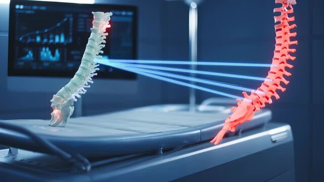 Spine alignment scanned using medical technology. Digital model shows human spine analysis. Medical team monitors neural spine issues. Advanced diagnosis shows spine correction via technology.