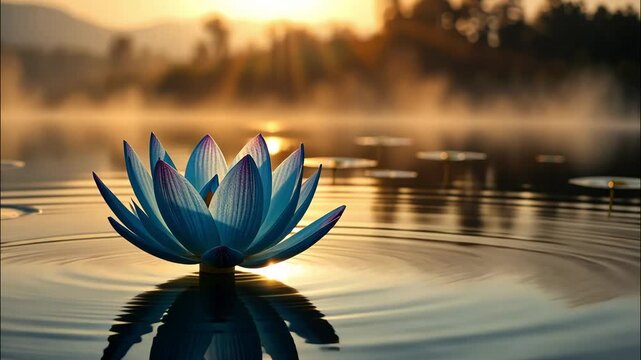 Blue lotus blooms on the water: macro shot of blossoming petals reflecting sunlight | Peaceful nature in 4K