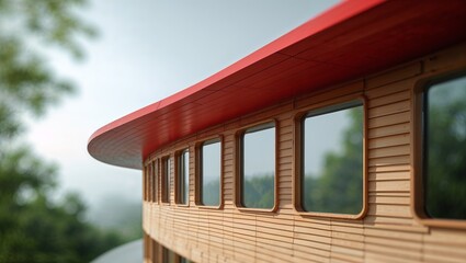 Modern Wooden Building With Curved Red Roof And Large Windows