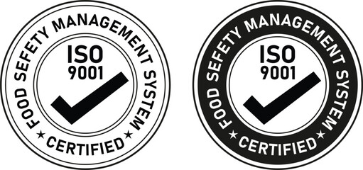 black and white iso 9001 certified badge for food safety management system with checkmark and round seal	