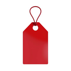 Blank red price tag hanging with string on a deep black background