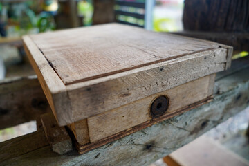 A hive for stingless bee, Tetragonula pagdeni Schwarz, made from wooden boxes for breeding and rearing from Chumphon, Thailand. Stingless Bee Honey home.