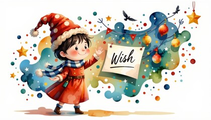 Naklejka premium Adorable little girl in santa hat holds sign with festive 'wish' message for the holiday season