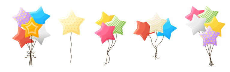 Flying glossy star shaped helium balloons bunches cartoon vector set