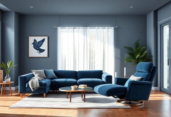 Dark blue sofa and recliner in a modern living room with natural light, accent chair, cozy