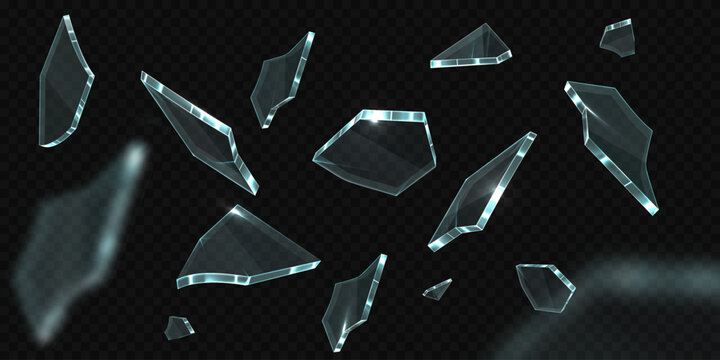 Exploding flying shards of broken glass, different shapes and sharp jagged edges.