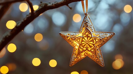 Glowing Star Ornament Hanging on a Tree Branch with Festive Lights, Perfect for Holiday Decorations and Winter Season Greetings