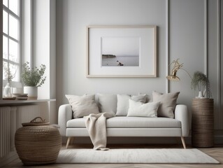 Fototapeta premium Mock up frame in white cozy children room interior background, Scandinavian style