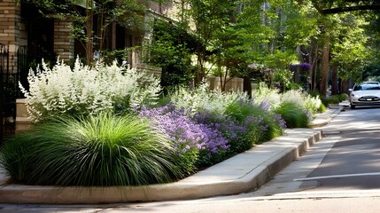 Obraz premium border with perennials, shrubs, and ornamental grasses