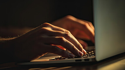 Hands typing on a laptop keyboard with dramatic lighting depicting focused work