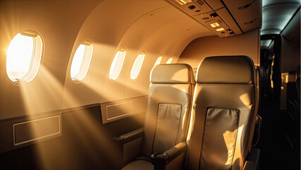Fototapeta premium Luxurious airplane interior with sunlight streaming through windows depicting travel comfort