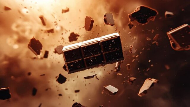 Chocolate bar and pieces broken, flying sweet dessert explosion�brown cocoa fragments suspended mid air, dramatic scene of chocolate bar, piece, broken, flying, sweet, dessert, brown, cocoa