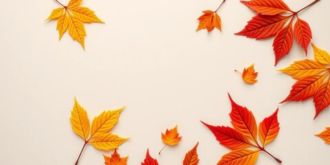 Crisp autumn leaves arranged asymmetrically on a neutral background, leaving ample negative space,  yellow,  aesthetic