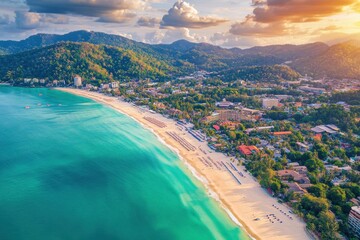Explore pristine Patong Beach in Phuket, Thailand during sunset with vibrant colors and lively atmosphere, Famous Patong beach in Phuket island Thailand Tourist resorts aerial view