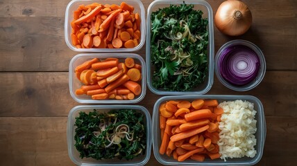 Organized meal prep containers filled with carrots, rice, and greens for healthy and convenient meals.