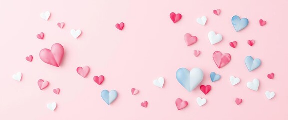Delicate watercolor hearts scattered on a soft pink background, creating a romantic, subtle pattern, aesthetic, pastel