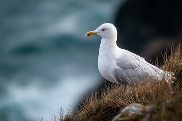 Seagull Sitting on Grass with Ocean in Background