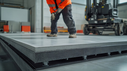 Worker in Industrial Setting with Forklift and Concrete Slab